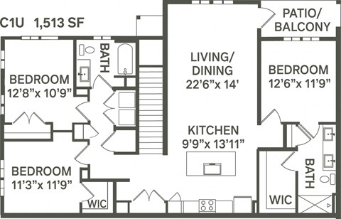 C1U- 3 Bedroom 2 Bath 1513 Sq. Ft. Floor Plan at Canter, Ocala, 34474