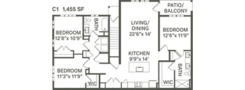 C1- 3 Bedroom 2 Bath 1445 Sq. Ft. Floor Plan at Canter, Ocala, FL