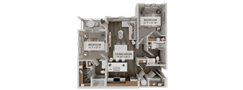 A 3D floor plan of a small apartment with two bedrooms and a living room.