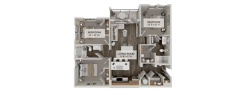 A 3D rendered image of a house layout with three bedrooms, a living room, and a kitchen.