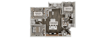 A 3D rendered image of a house layout with three bedrooms, a living room, and a kitchen.
