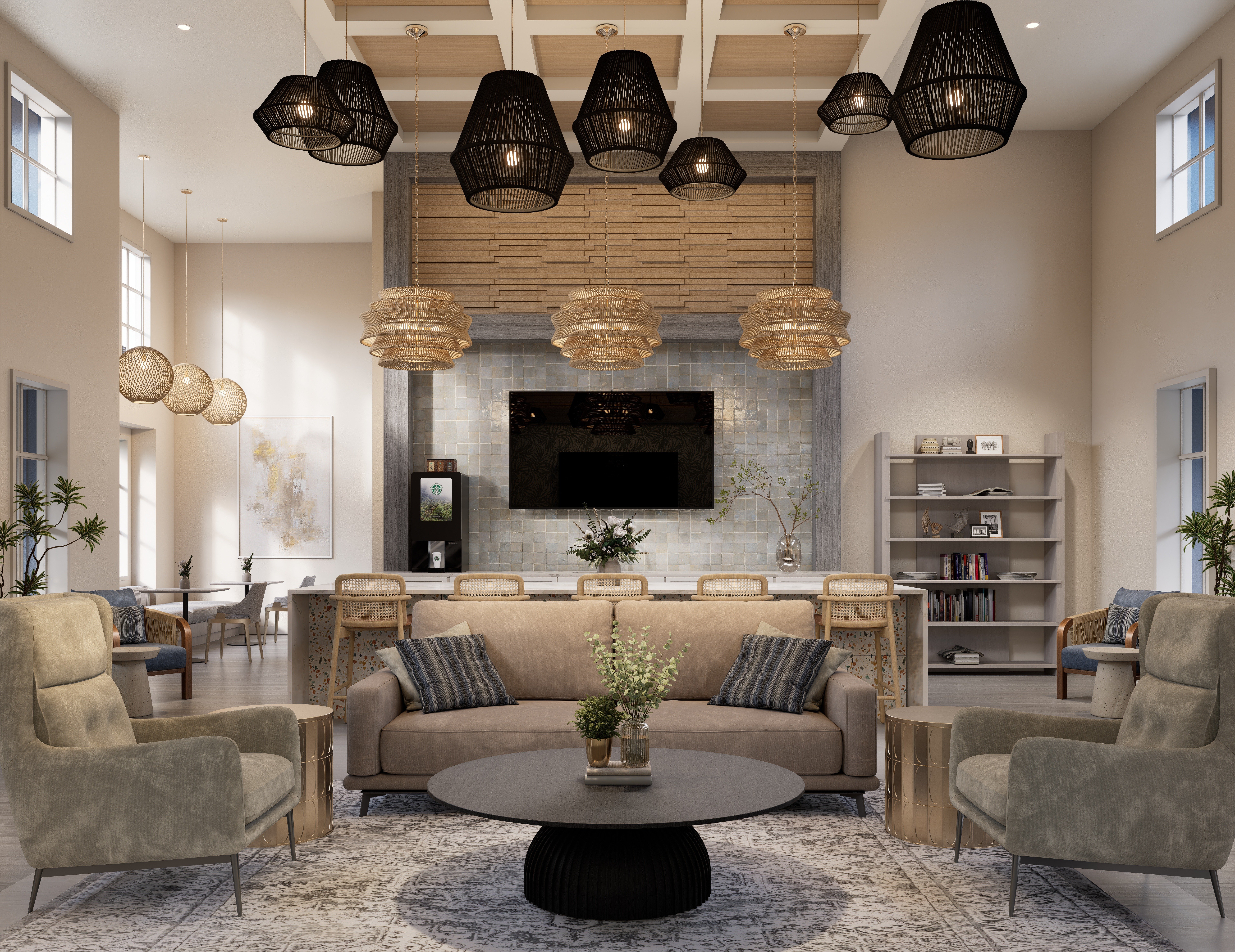 A living room with a fireplace and a television mounted above it.