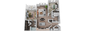 A 3D floor plan of a two bedroom apartment with a living room and a kitchen  at The Depot, Raymore, Missouri
