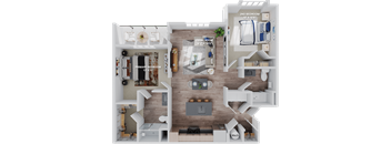 A 3D floor plan of a home showing a living room, two bedrooms, and a kitchen   at The Depot, Raymore, Missouri