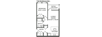 a floor plan of a bedroom apartment with a bathroom and a living room  at The Depot, Raymore, MO