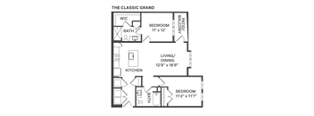the floor plan of a bedroom apartment with a living room and a dining room  at The Depot, Raymore, MO