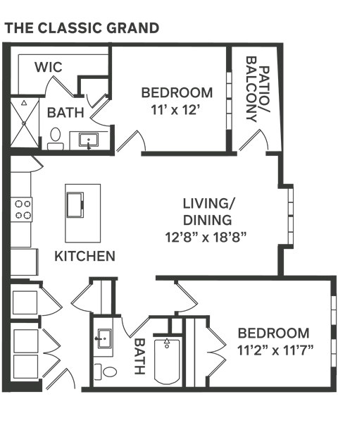 the floor plan of a bedroom apartment with a living room and a dining room  at The Depot, Raymore, MO