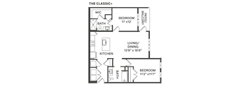 the floor plan of a bedroom apartment with a living room and a dining room  at The Depot, Raymore, MO, 64083