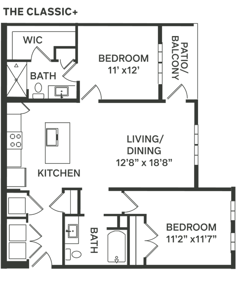 the floor plan of a bedroom apartment with a living room and a dining room  at The Depot, Raymore, MO, 64083