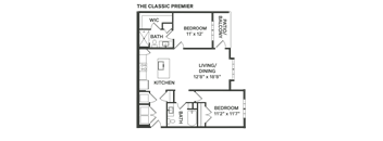 a floor plan of a bedroom apartment with a bathroom and a living room  at The Depot, Raymore, 64083