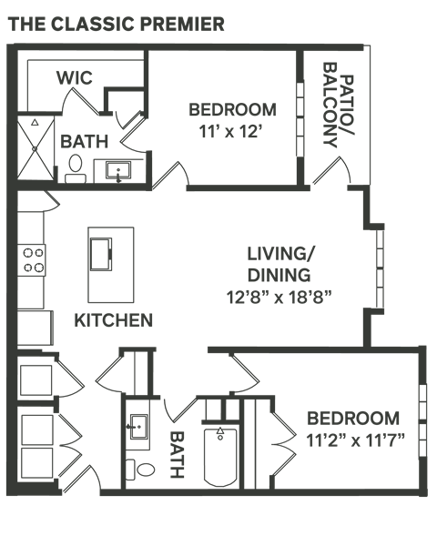 a floor plan of a bedroom apartment with a bathroom and a living room  at The Depot, Raymore, 64083