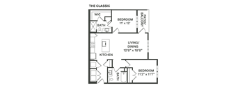 the floor plan of a bedroom apartment with a living room and a dining room  at The Depot, Raymore, Missouri