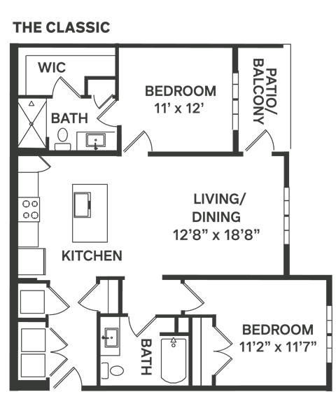 the floor plan of a bedroom apartment with a living room and a dining room  at The Depot, Raymore, Missouri