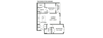 a floor plan of a bedroom apartment with a living room and a dining room  at The Depot, Raymore