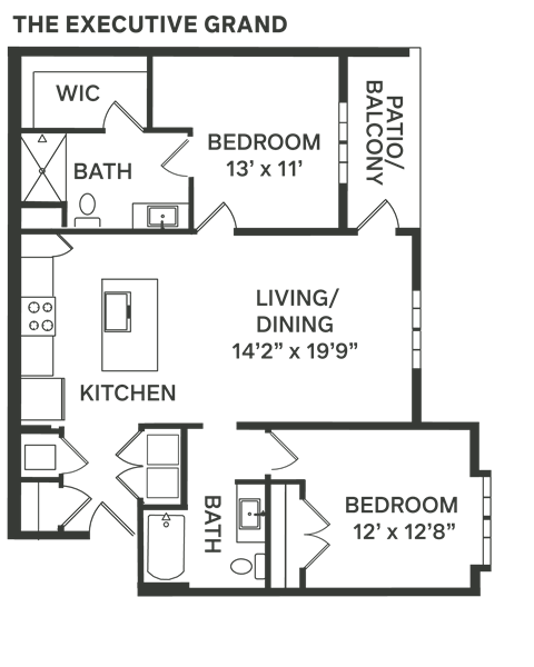 a floor plan of a bedroom apartment with a living room and a dining room  at The Depot, Raymore