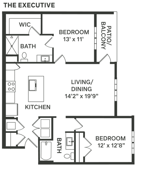 the floor plan of a bedroom apartment with a bathroom and a living room  at The Depot, Raymore, 64083