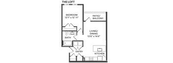 a floor plan of a house with a bedroom and a living room and a kitchen  at The Depot, Raymore, MO