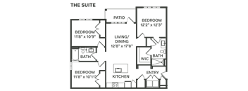 the floor plan of a bedroom apartment with a living room and a dining room  at The Depot, Raymore, Missouri
