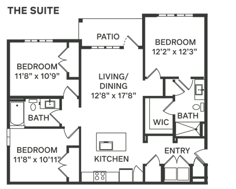 the floor plan of a bedroom apartment with a living room and a dining room  at The Depot, Raymore, Missouri