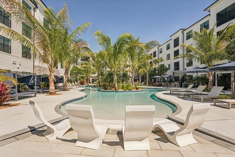 A pool surrounded by palm trees and white chairs at The Stadler Luxury Apartments, Bradenton, FL