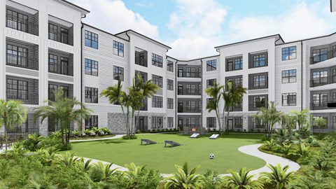 A rendering of a modern apartment complex with a landscaped courtyard.