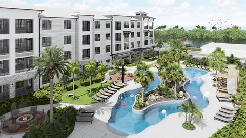 A resort with a pool and palm trees.