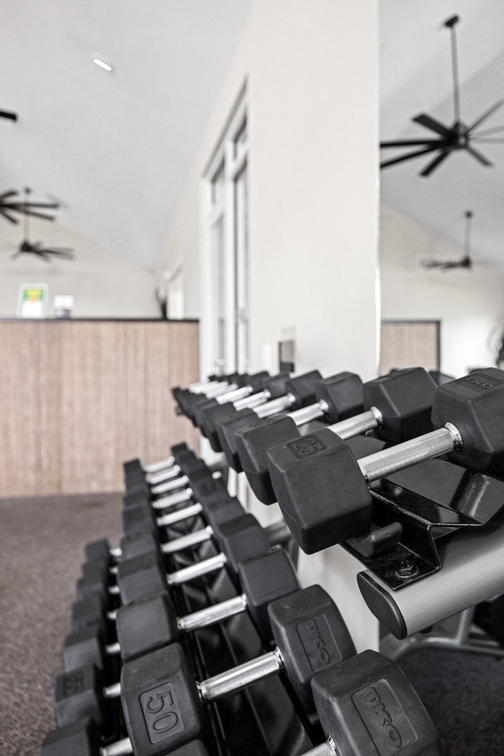 a row of dumbbells in a gym at Palm Grove in Ellenton, FL 34222