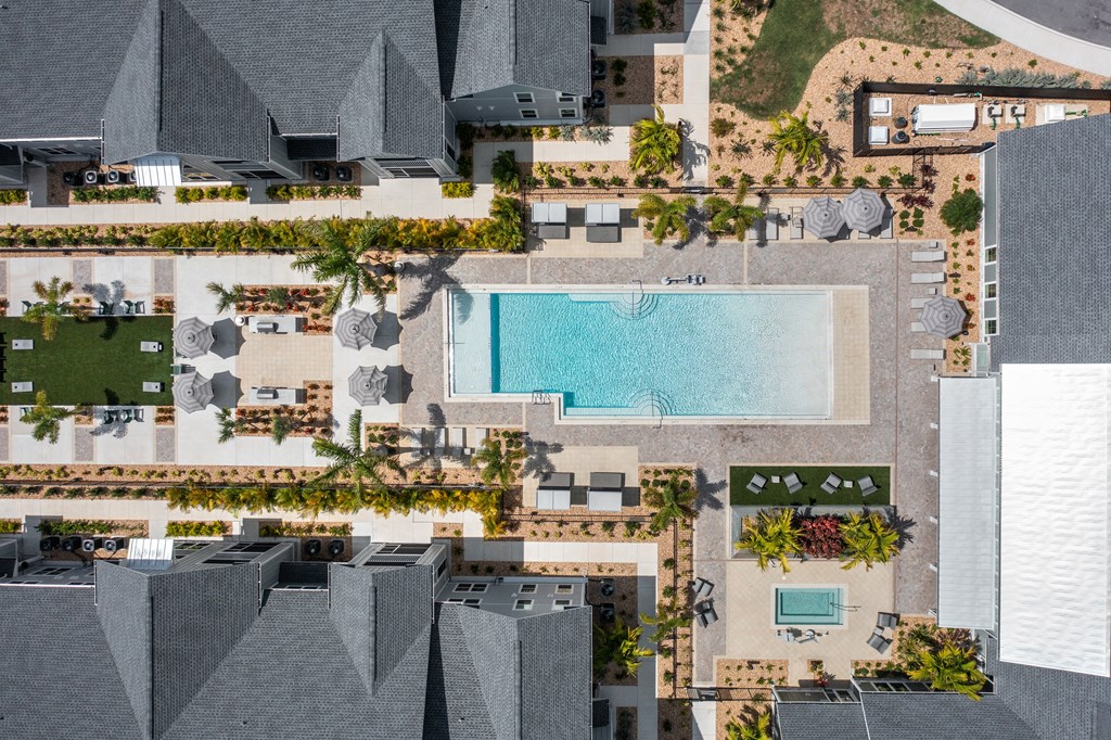 a aerial view of the resort and its pool at Palm Grove in Ellenton, FL 34222