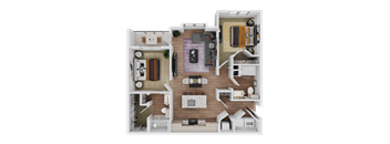 1 bed 1 bath A 3D floor plan of a house with a kitchen, living room, and two bedrooms. at Standard441 Luxury Apartment Homes, Florida, 32159