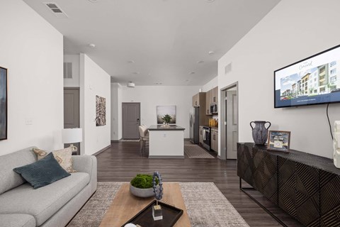 A modern living room with a grey couch and a flat screen TV mounted on the wall.