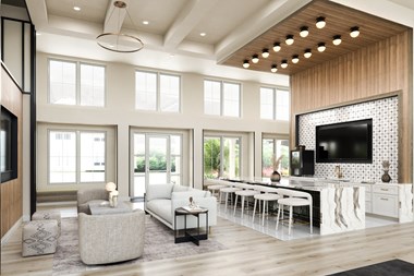 a rendering of a living room with a kitchen and dining area