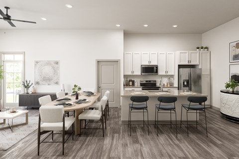 a rendering of a kitchen and dining room with a large table and chairs at The Quarry, Fort Collins, CO