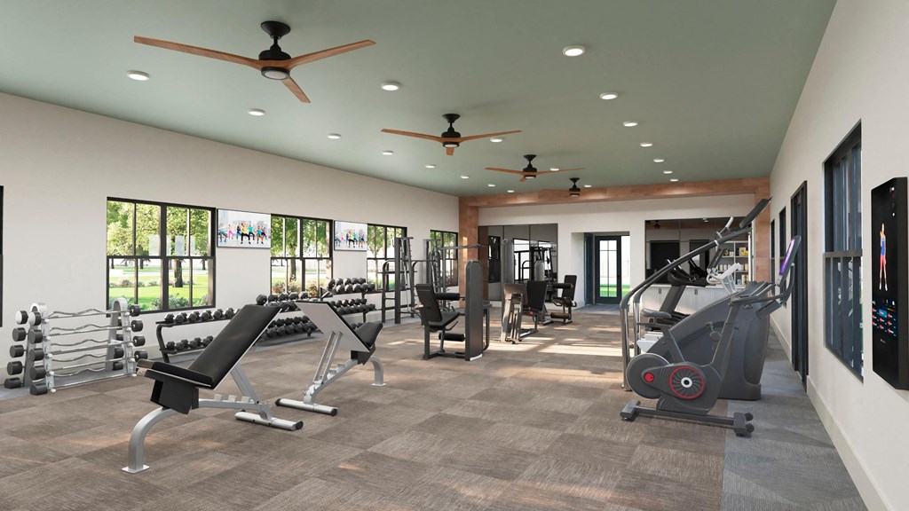 a gym with treadmills and other exercise equipment in a building with windows