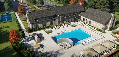 Aerial view of pool and outdoor living space at Wrenley Luxury Homes Apartments, Georgia