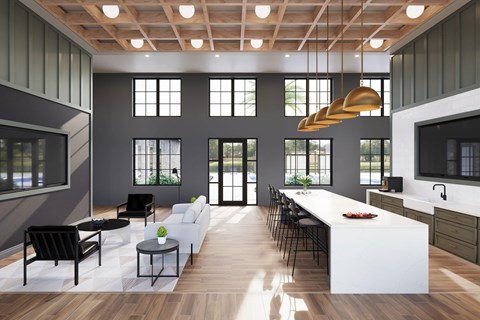 A modern open plan living and dining area with a kitchen.
