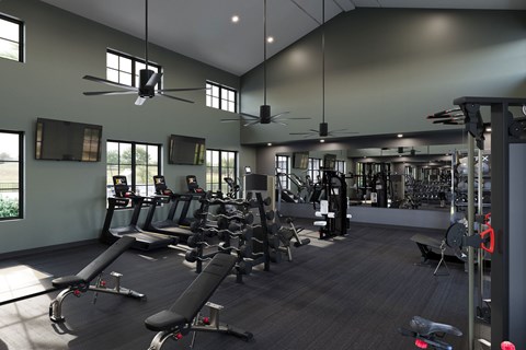 Fitness center with cardio and weight training equipment at Wrenley Luxury Homes Apartments, Newnan, Georgia