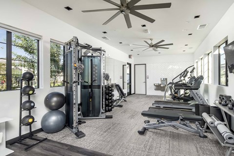 a gym with weights and a ceiling fan at Grandstone at Sunrise, Peoria, AZ