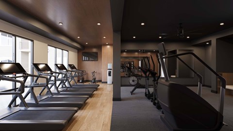 Gym with treadmills at The Union Flats at Fishers District, Fishers, IN
