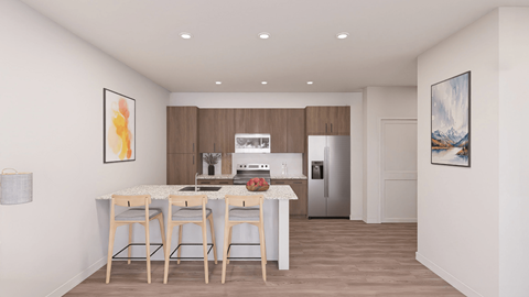 A kitchen with a table and chairs in front of a refrigerator.