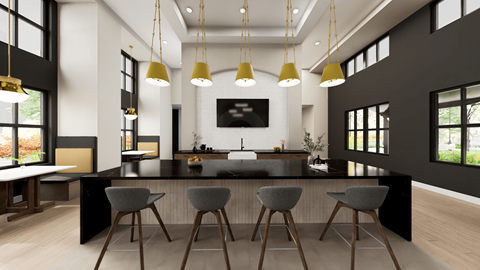 A modern kitchen with a bar area and grey chairs.