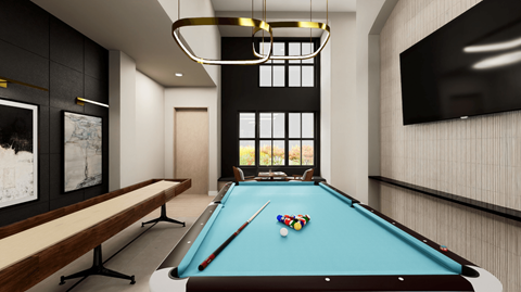 A pool table in a room with a bench and a television.