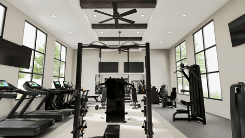 A gym with treadmills, weights, and exercise equipment.