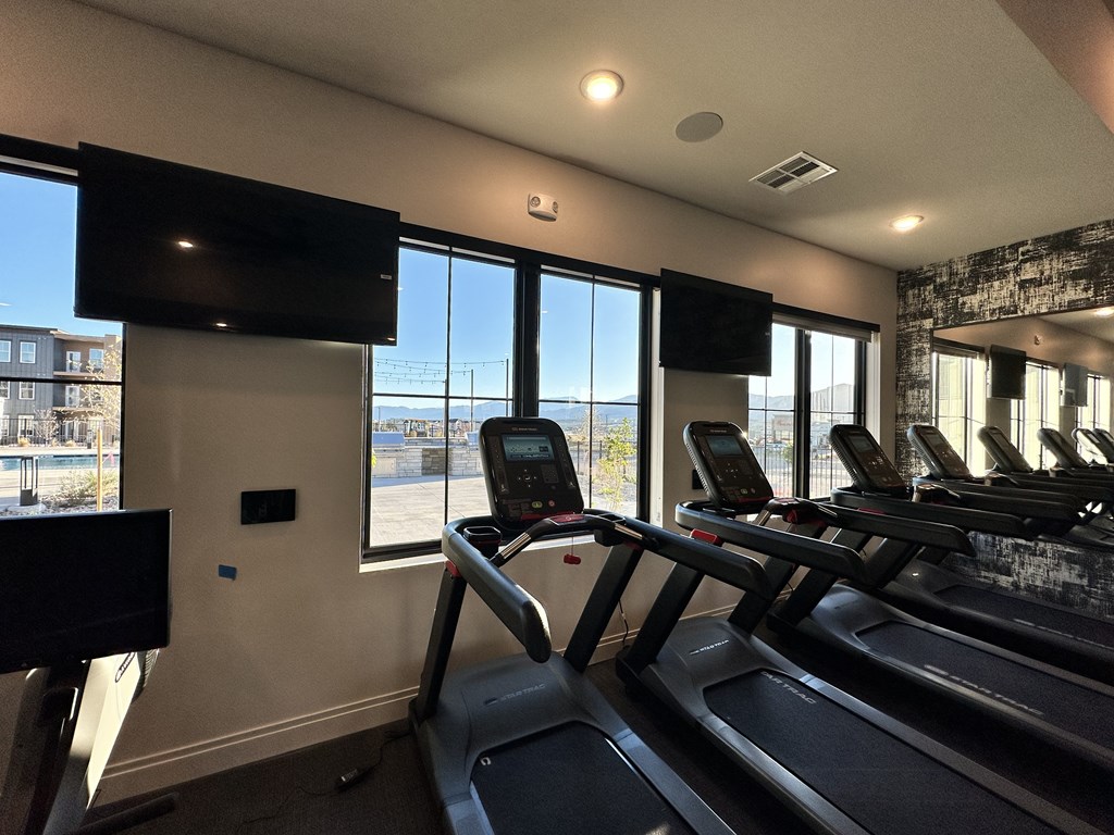 A gym with treadmills and a view of the outside.