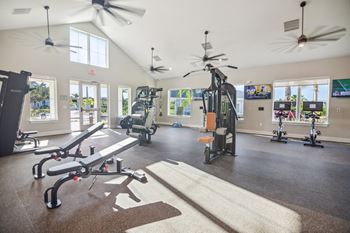 the gym at the district flats apartments in lenexa  at Palm Grove, Ellenton, 34222