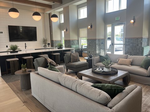 A living room with a grey couch and a wooden coffee table.