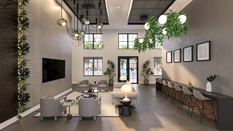 A modern living room with a large TV, comfortable seating, and a bar area.