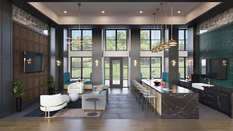 A modern kitchen with a large island and a living area with a sofa and chairs.