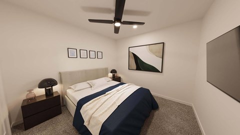 Modern bedroom with navy accent bedding and abstract artwork at The Maverick Luxury Apartments, Monument