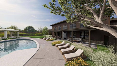 Poolside lounge seating and contemporary clubhouse exterior at The Maverick Luxury Apartments, Monument, CO 80132