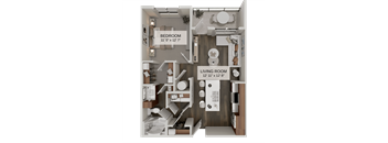 A floor plan of a bedroom and living room with dimensions.